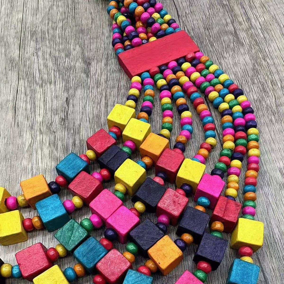 COLORFUL SQUARE WOOD MULTI-LAYER NECKLACE