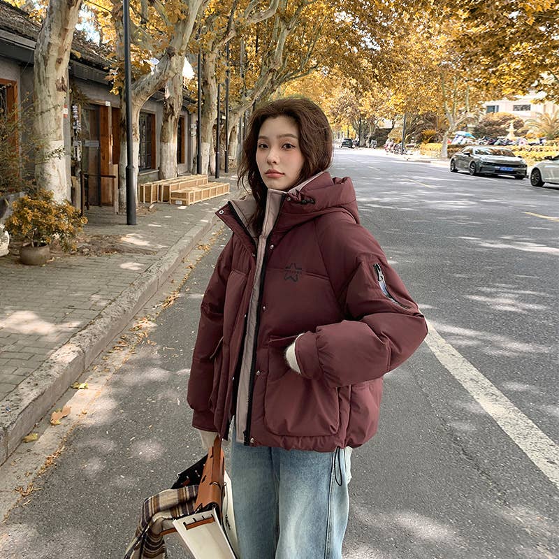 Solid color hooded warm winter padded jacket