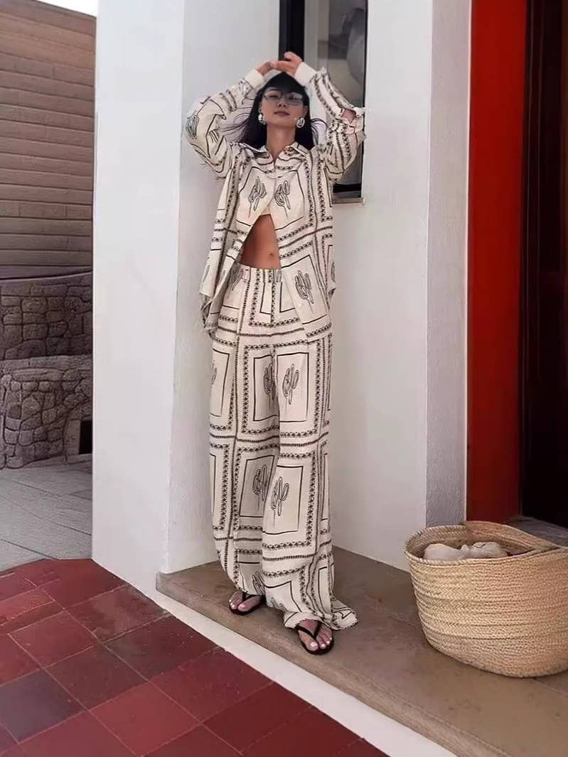 Fashiona linen cardigan and wide-leg pants set