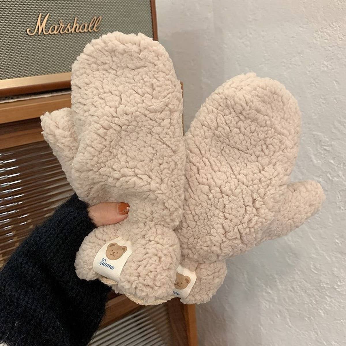 Cute Bear Fleece Mittens ? Warm Neck Strap Gloves_CWAG0178