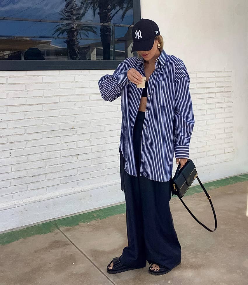 Striped cotton long sleeve loose button-up shirt