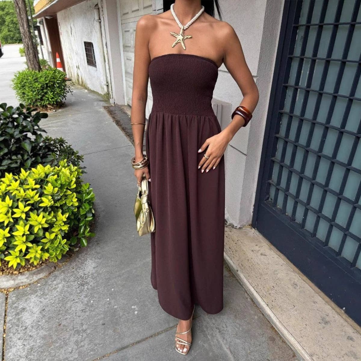 Solid-color strapless waist-cinching long dress