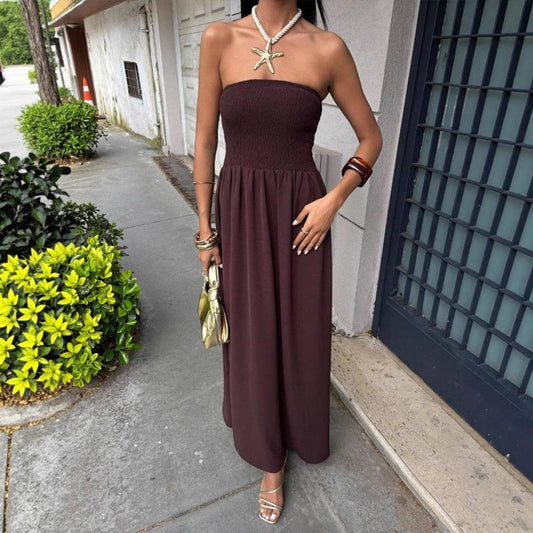 Solid-color strapless waist-cinching long dress