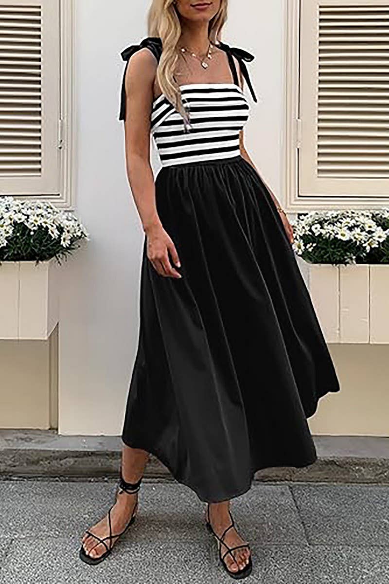 CWDMD5701_SLEEVELESS TIE POCKET STRIPED BEACH DRESS