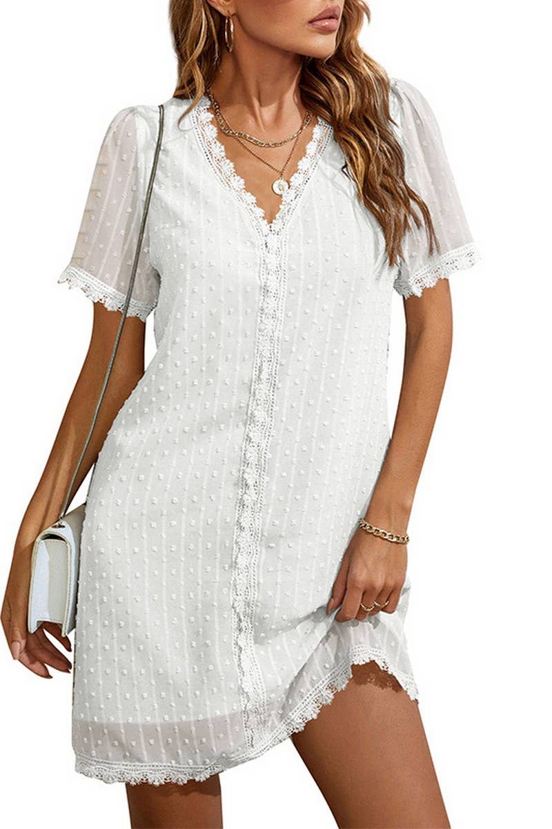 CWDSD6679_V NECK CASUAL POLKA DOT LACE SHIFT DRESS