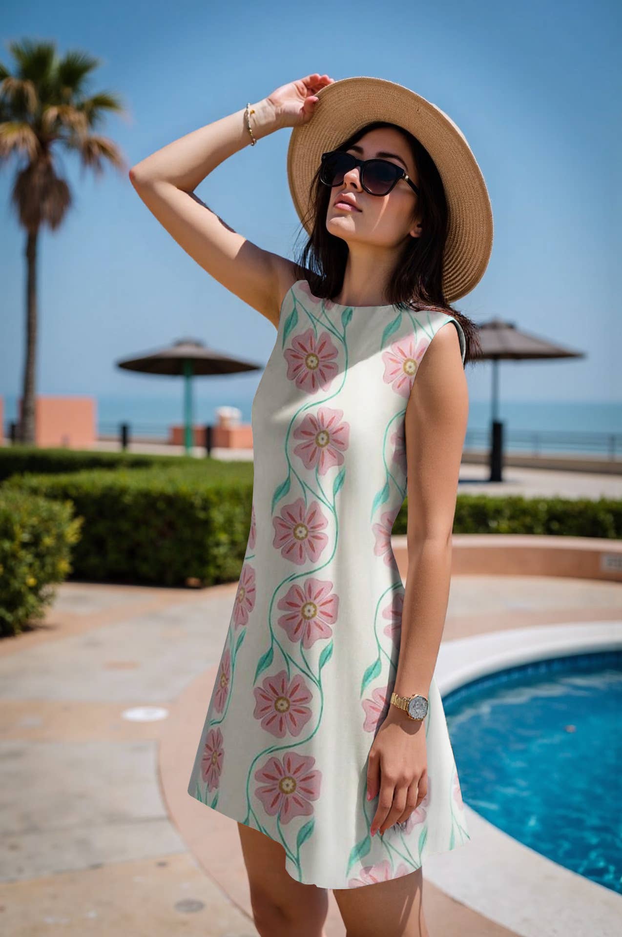 Straight, sleeveless, round-neck floral dress