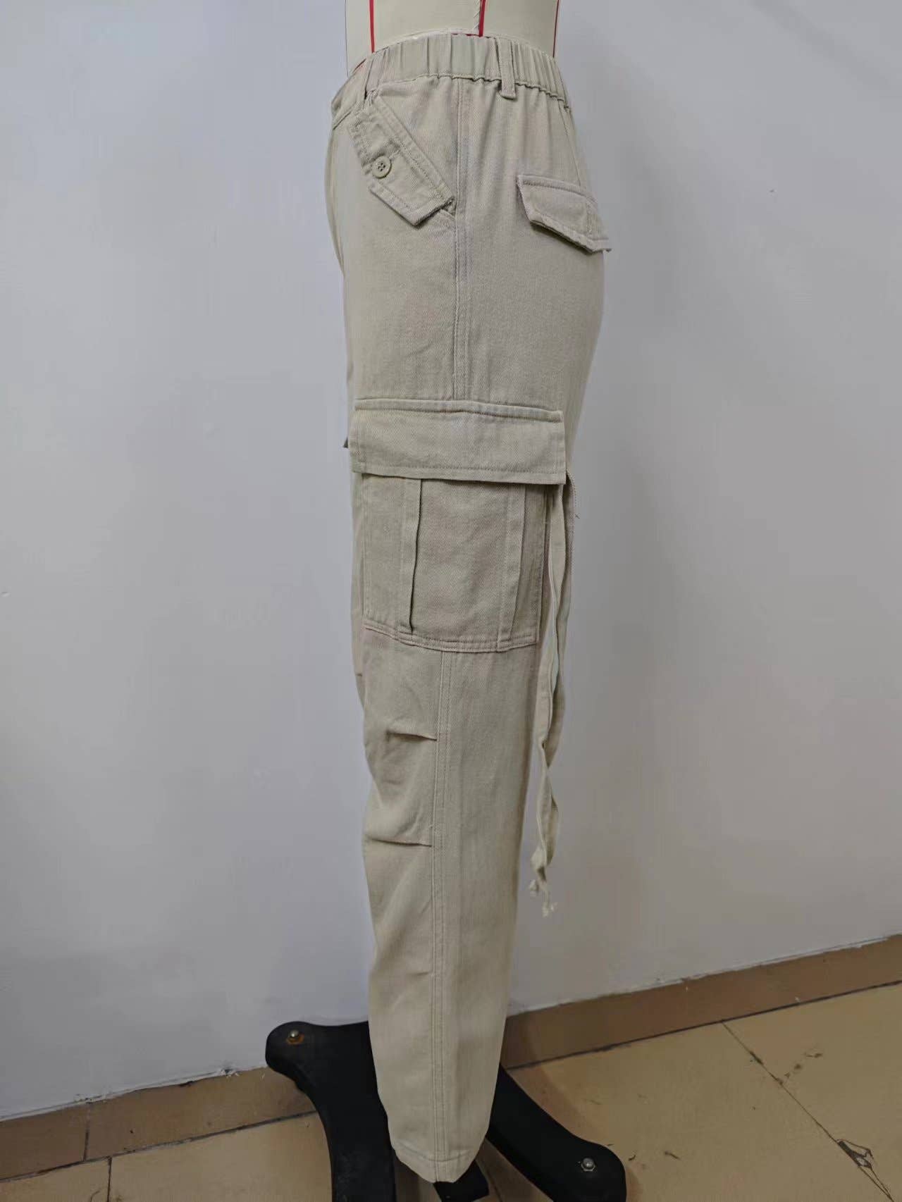 Washed work pants ribbon denim casual pants