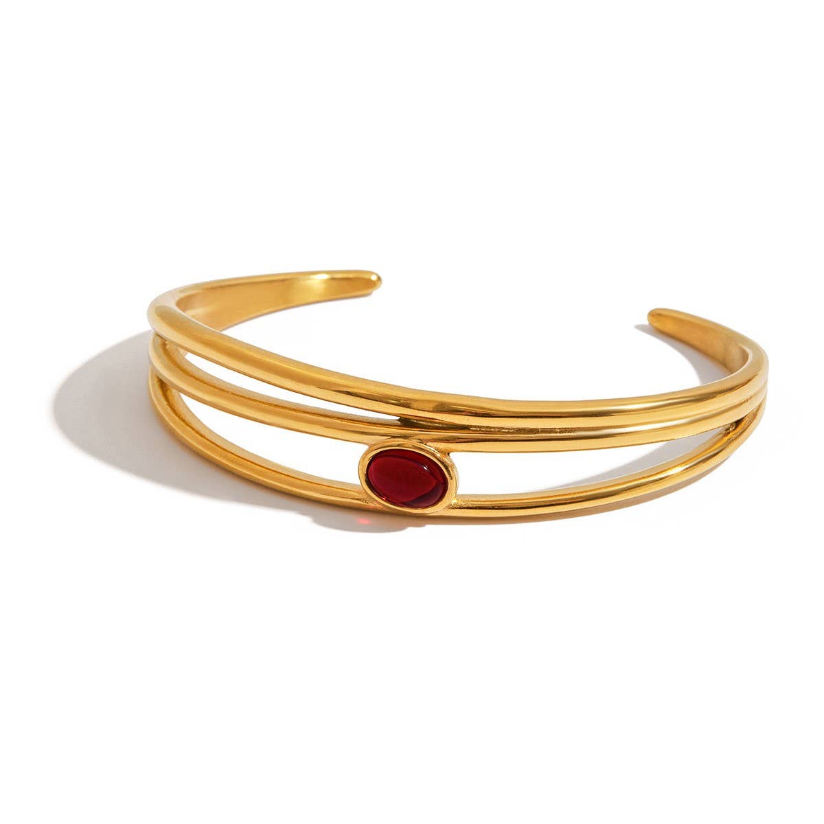 Luxury 18K Gold Triple Layer Red Stone Open Cuff