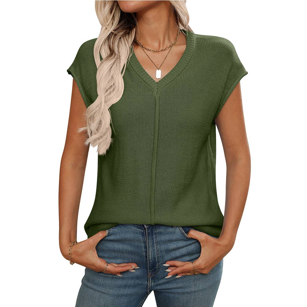 V-neck solid color knitted translucent sweater