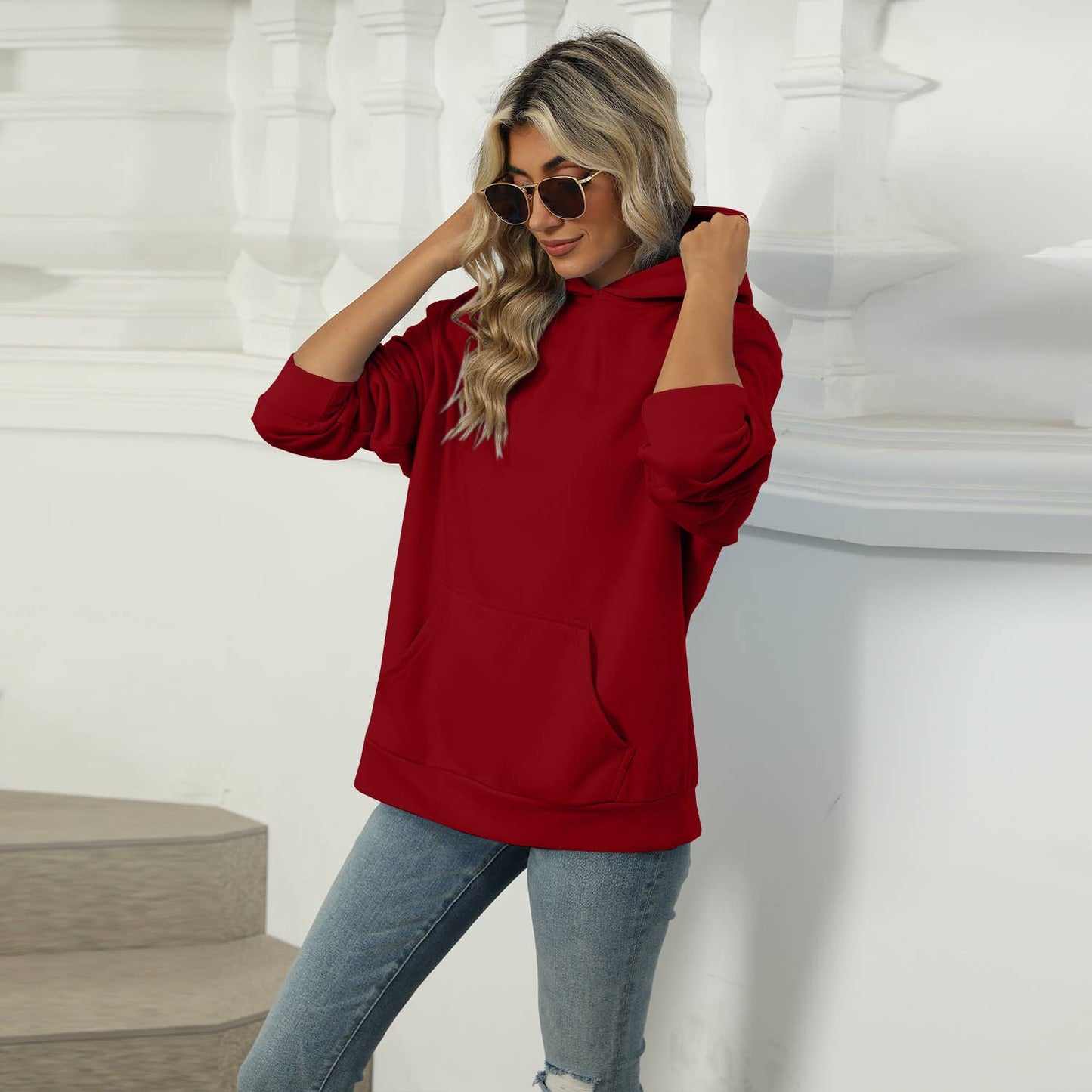 CASUAL HOODED POCKET HOODIE SOLID COLOR TOP_cwtstl1553