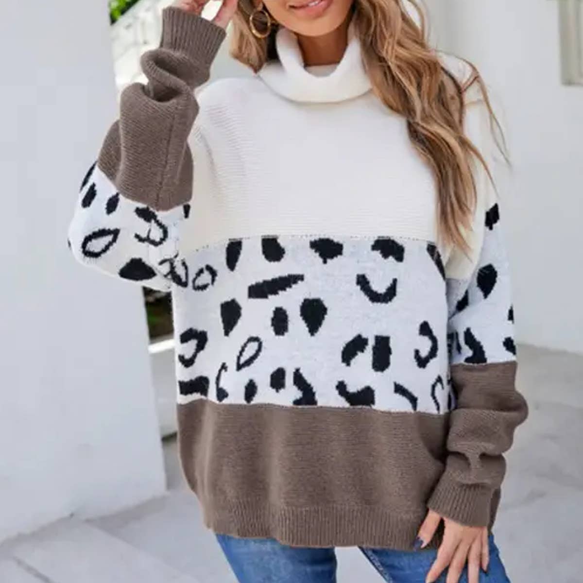Turtleneck and leopard print slouchy sweater