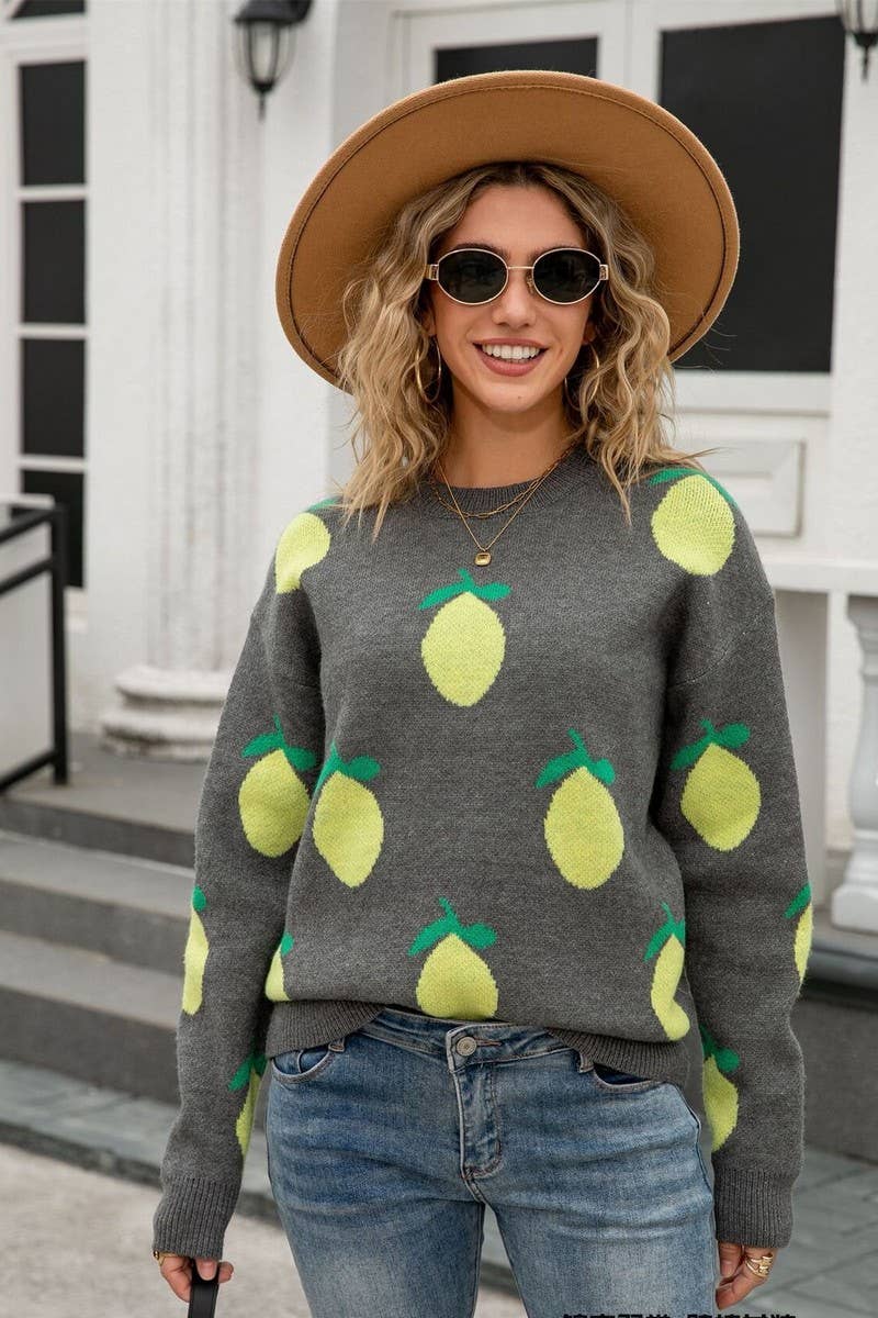 CWOSWL07604_LOOSE LEMON PRINT CREWNECK KNIT TOP