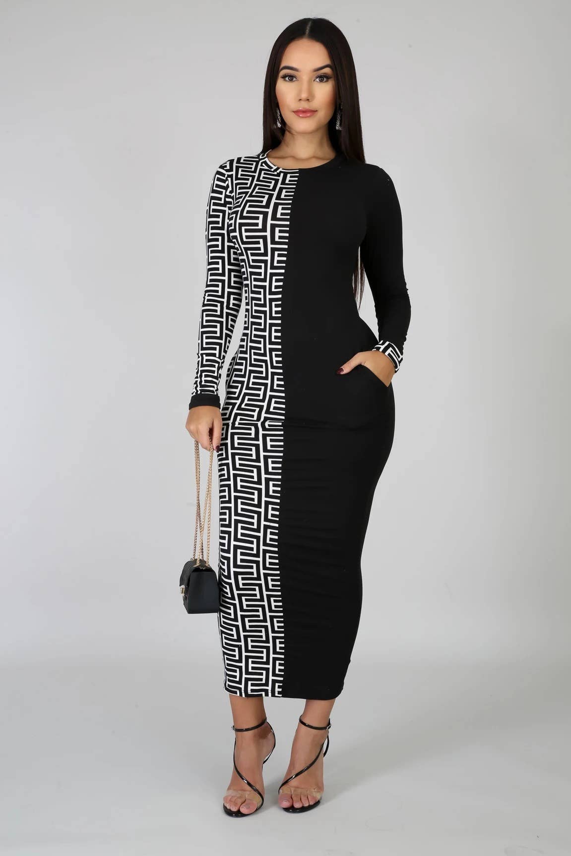 PATCHWORK PRINT FASHION SLIM-FIT LONG DRESS