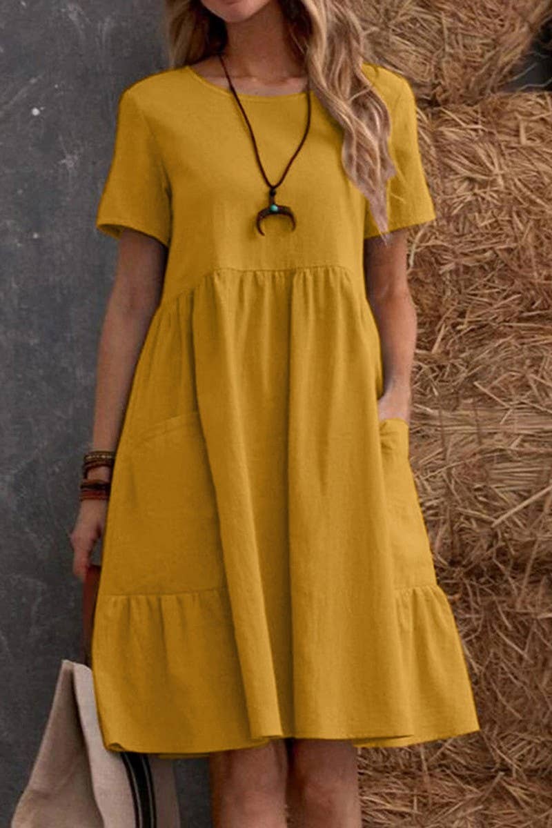 CWDSD8003_SUMMER RETRO LOOSE POCKET SOLID COLOR DRESS