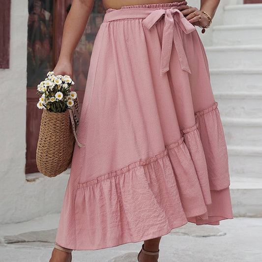 PLUS-SIZE CASUAL LACEUP PATCHWORK WRINKLE SKIRT_CWBMS0097