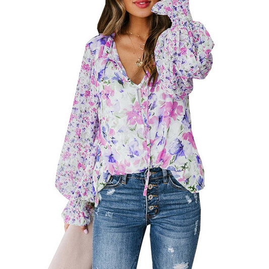 Lace-up printed lantern sleeve blouse for ladies