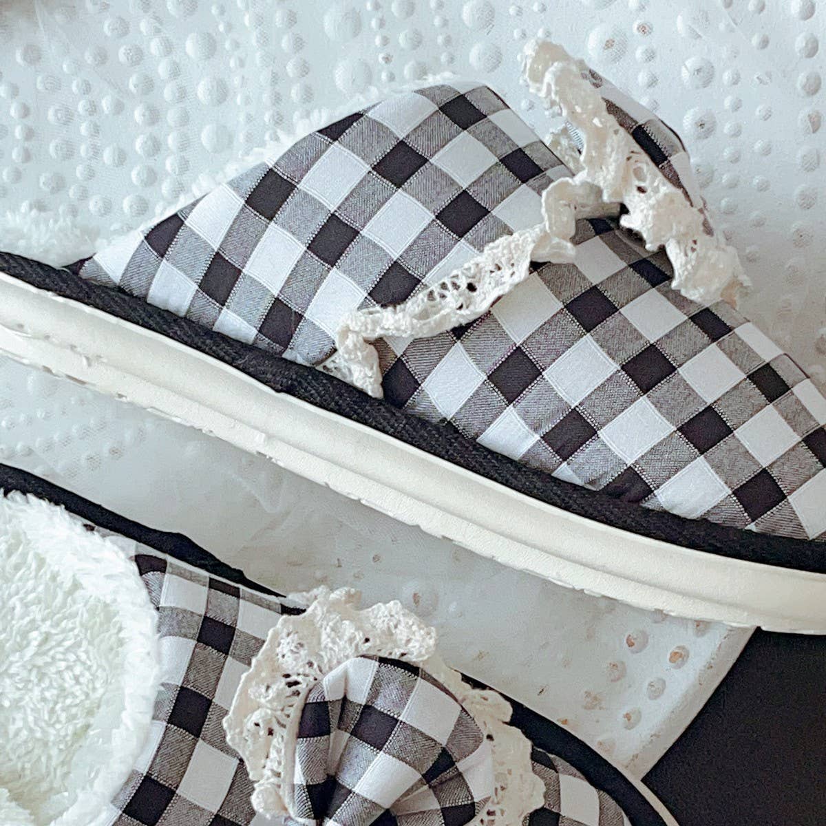 WOMEN'S CHECKERED BOW NON-SLIP COTTON SLIPPERS