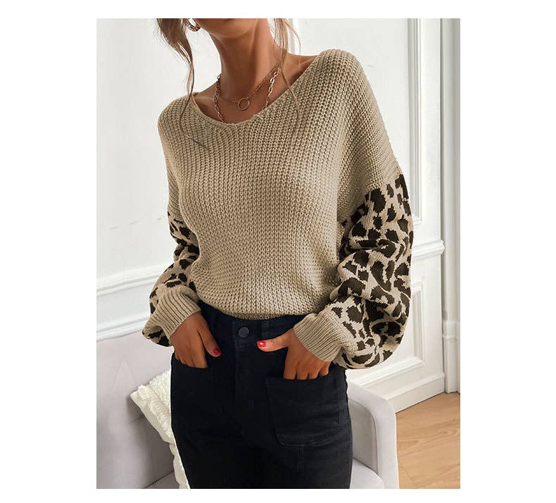 V-neck loose leopard print patchwork sweater