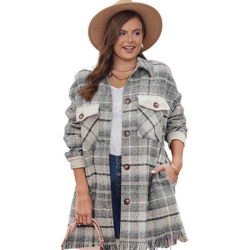 Stylish fringe pocket plaid blouse jacket for women