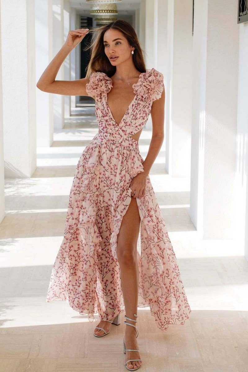 CWDMD5618_VACATION FLORAL CUTOUT DEEP V BACKLESS MAXI DRESS