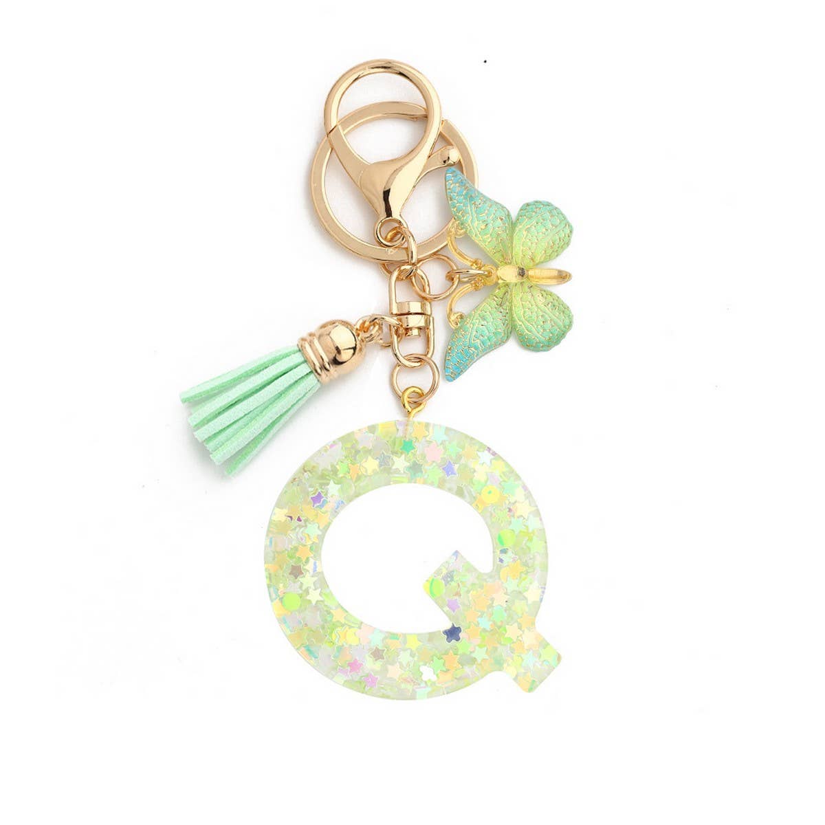 Green Butterfly Resin Letter Keychain with Glitter_CWAB5079