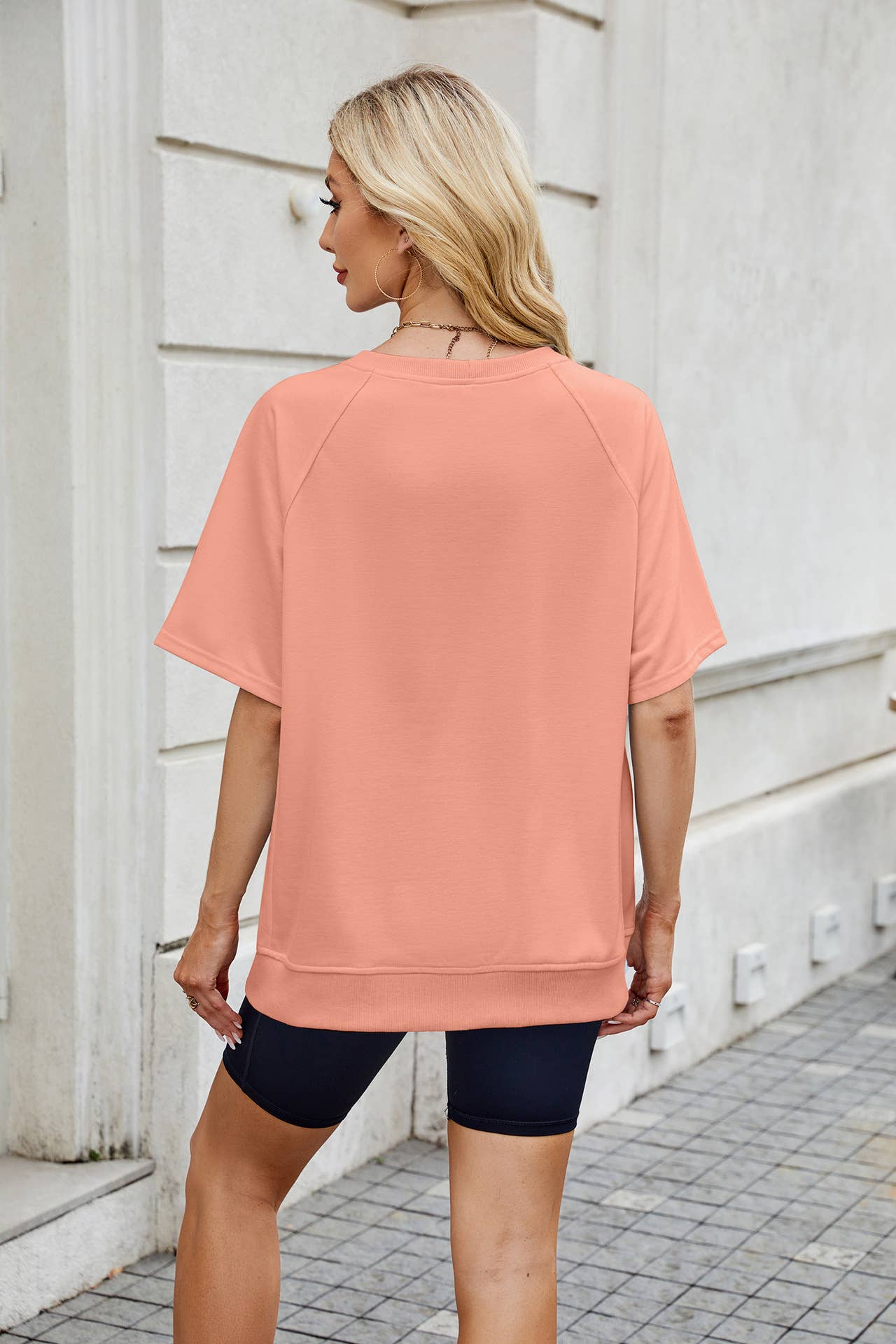 Solid color screw-neck loose short-sleeved hoodie