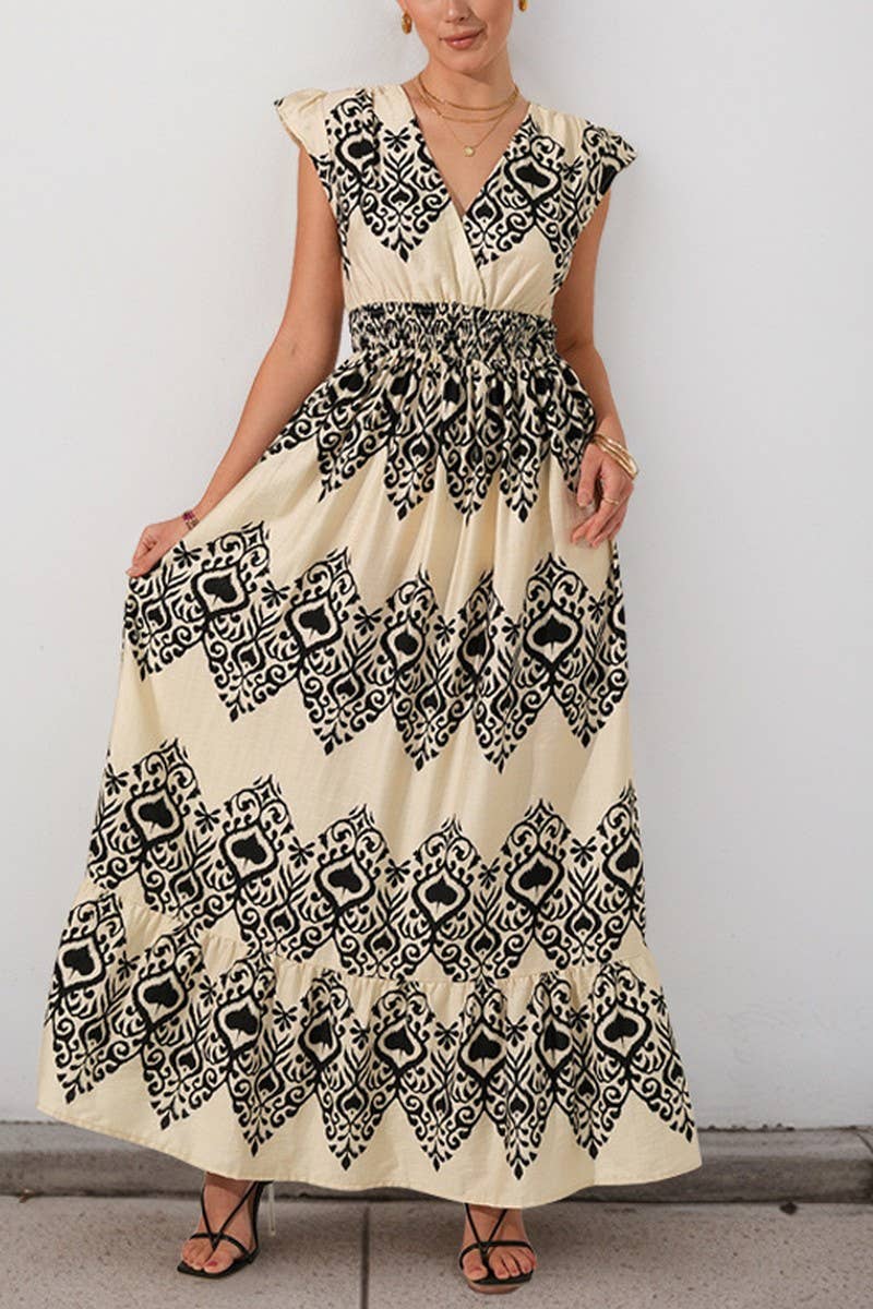 CWDMD5827_BOHO V-NECK HIGH WAIST FLUTTER SLEEVE MAXI DRESS