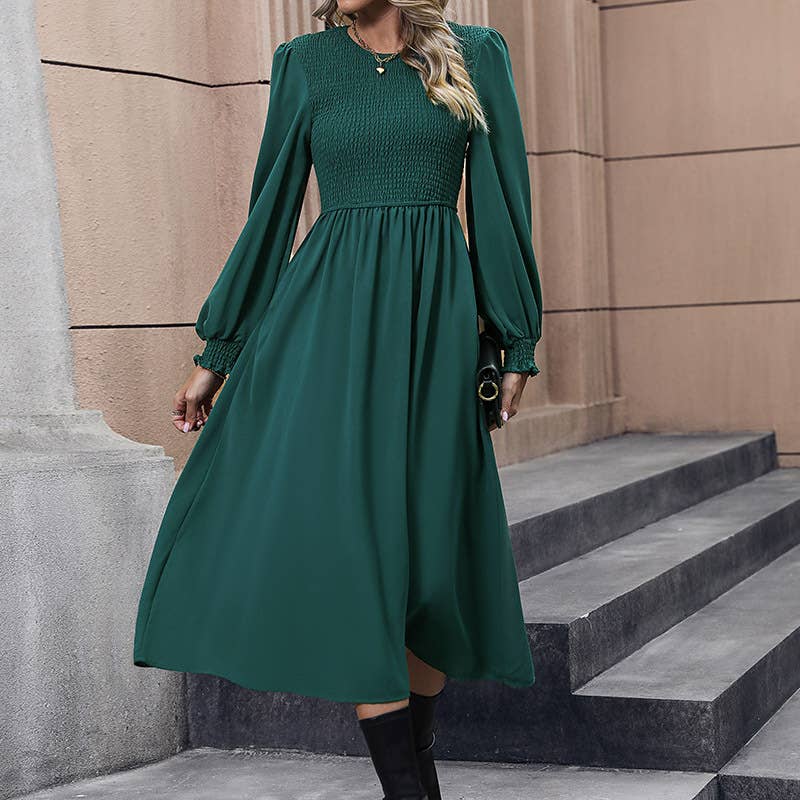 LONG WAIST DRESS WITH LANTERN SLEEVES