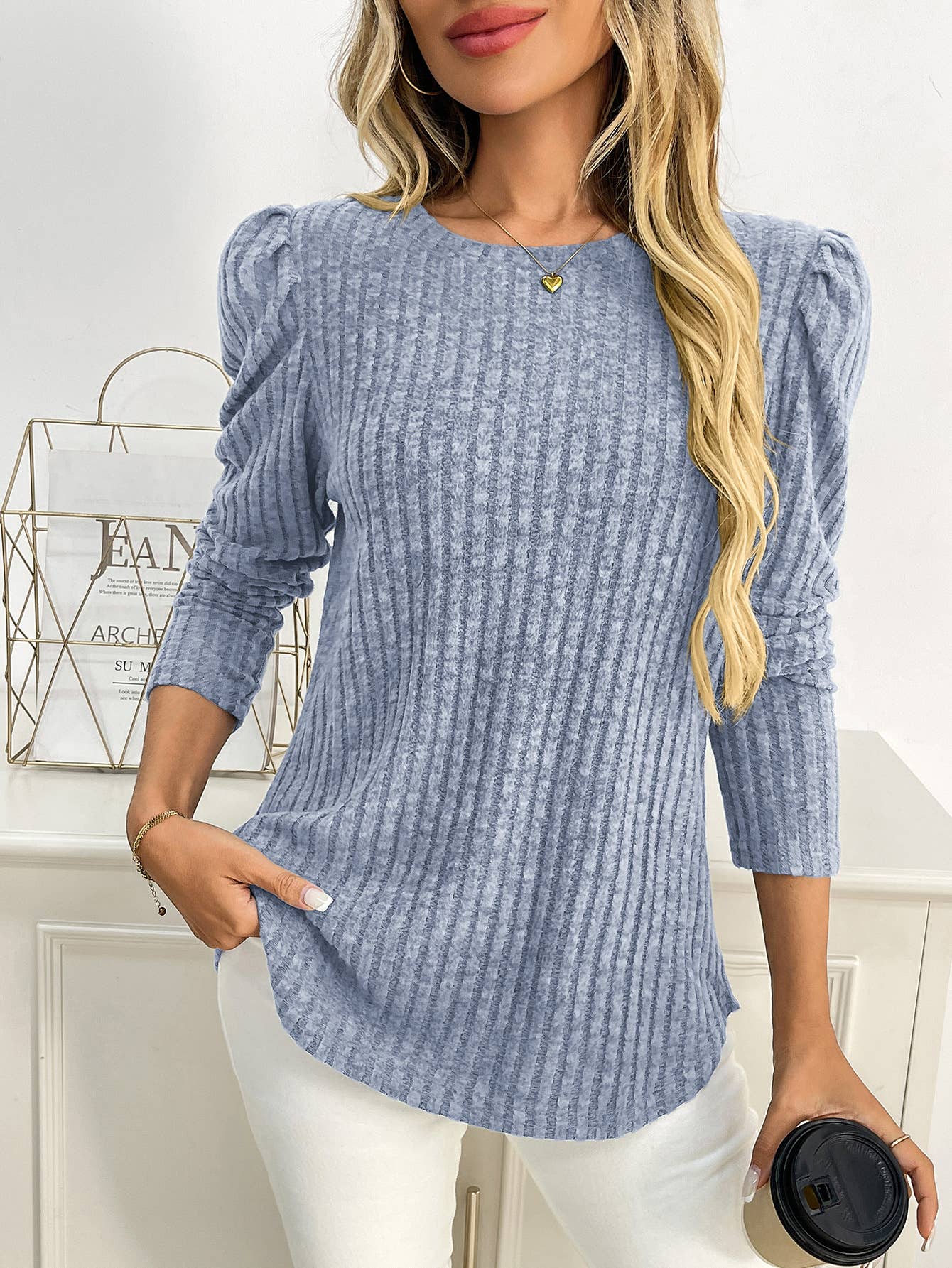 Round-neck puffed-sleeve brushed striped T-shirt