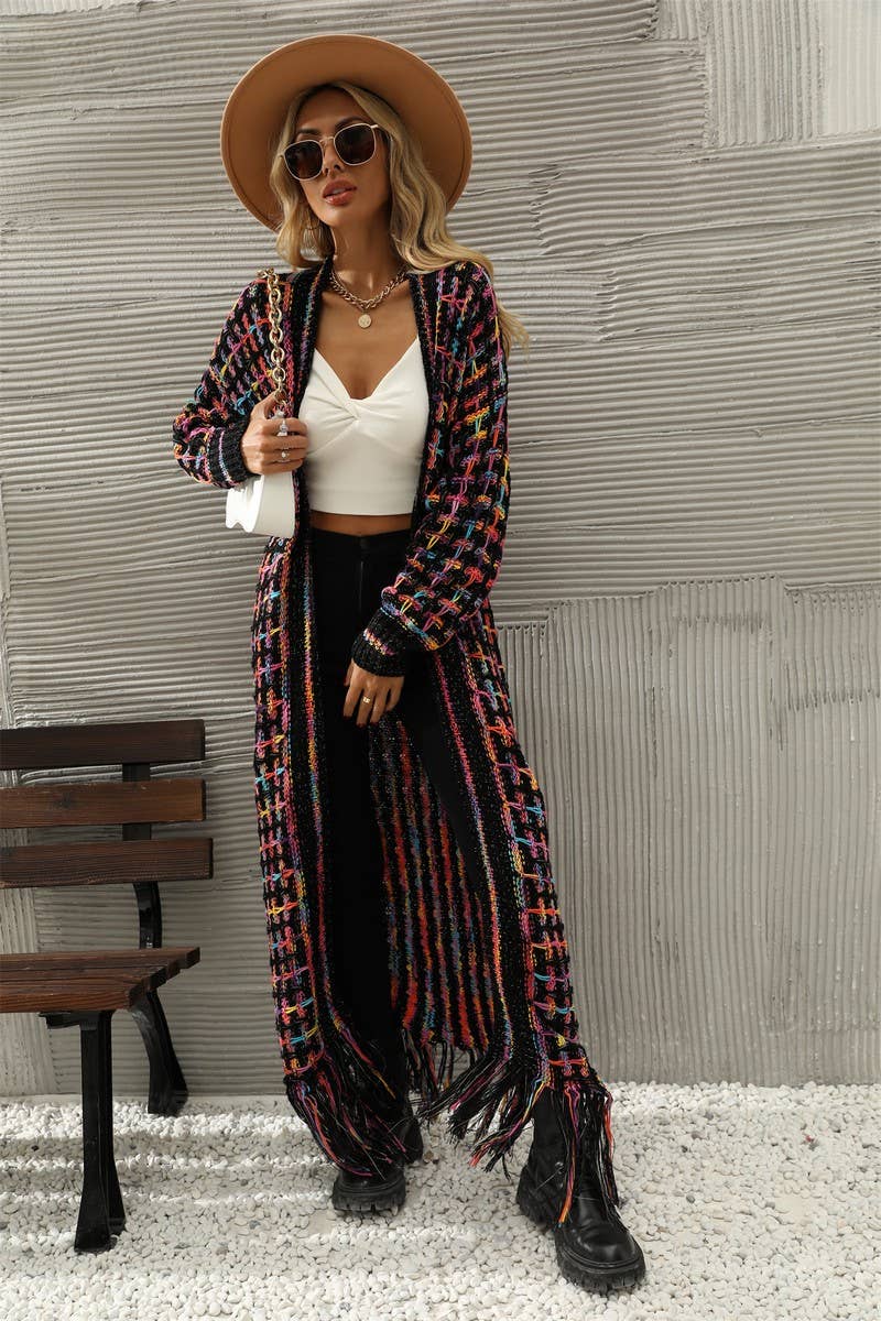 WOMEN TASSEL DETAILED OPEN FRONT LONG CARDIGAN_CWOCAL0491