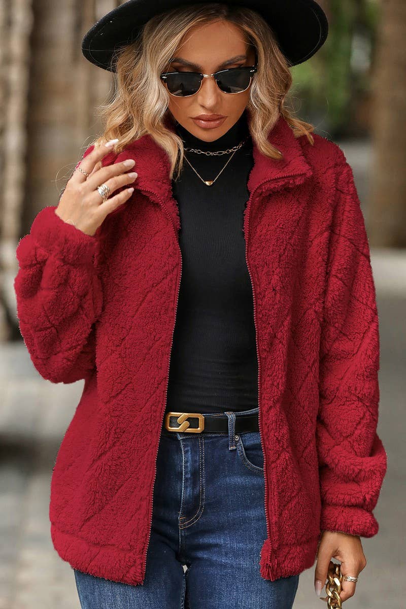 WOMEN SOLID QUILTING LAPEL FLEECE PLUSH JACKET_CWOJA0637