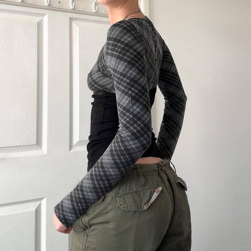 V-neck bow lace-up plaid color patchwork T-shirt