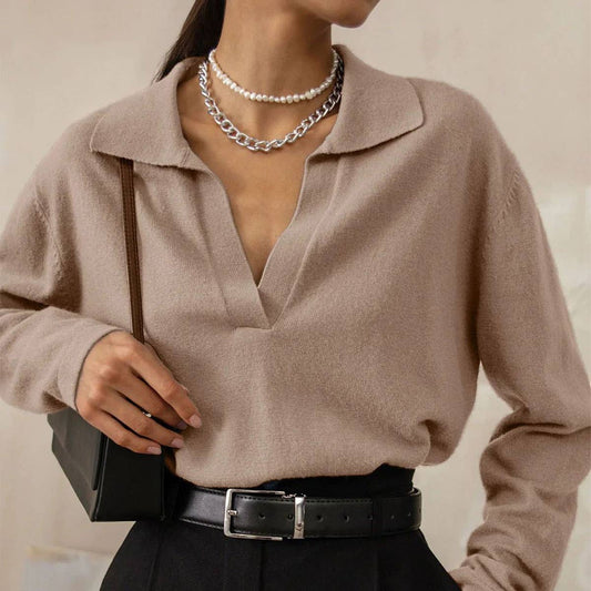 SOLID COLOR LOOSE WARM POLO SWEATER WITH LAPELS