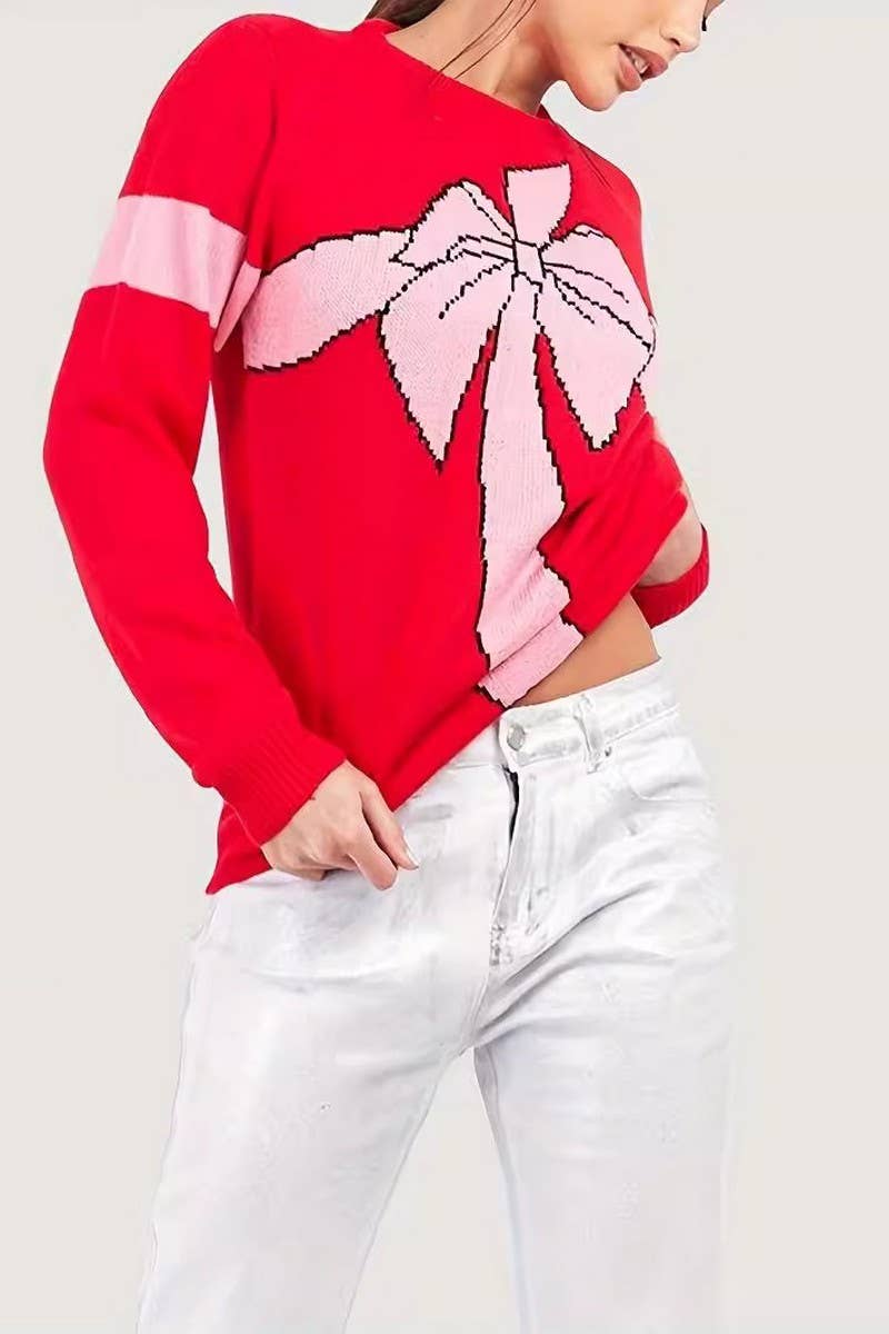 Solid color crew neck sweater with bow elements