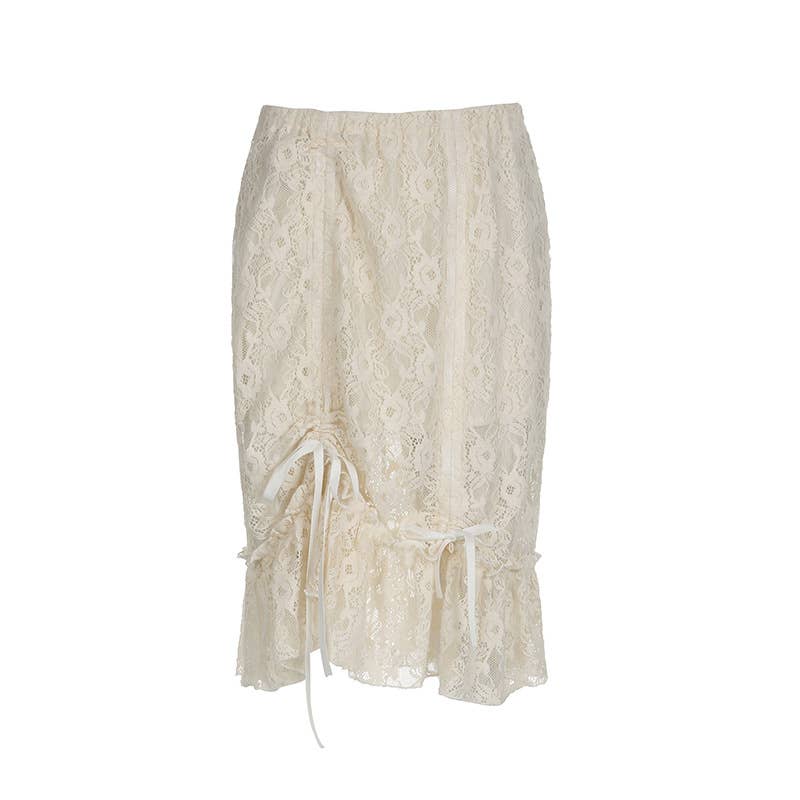 French ruched high waist lace midi skirt