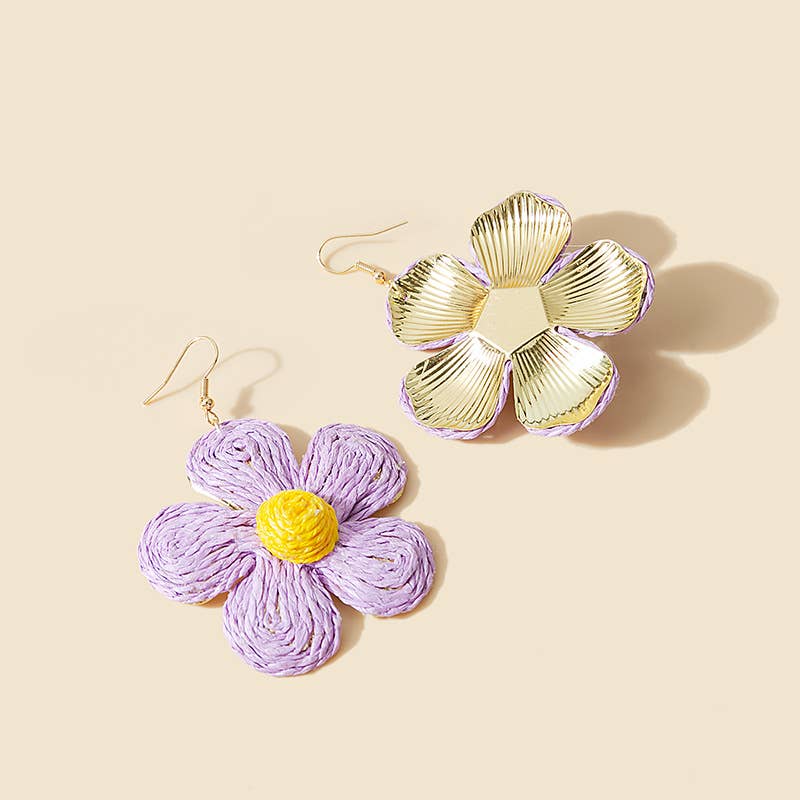 Woven raffia grass exaggerated flower earrings