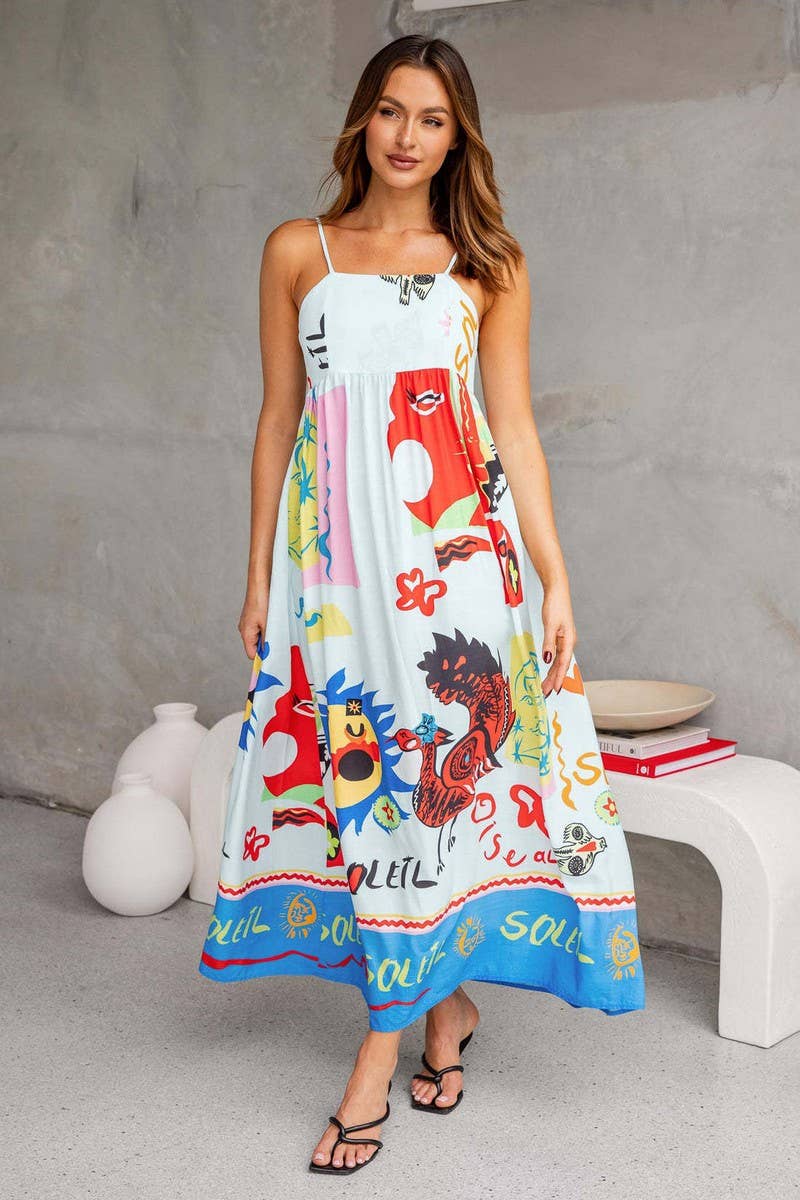 CWDMD3030_PRINTED SUSPENDER DRESS WITH WIDE SWING
