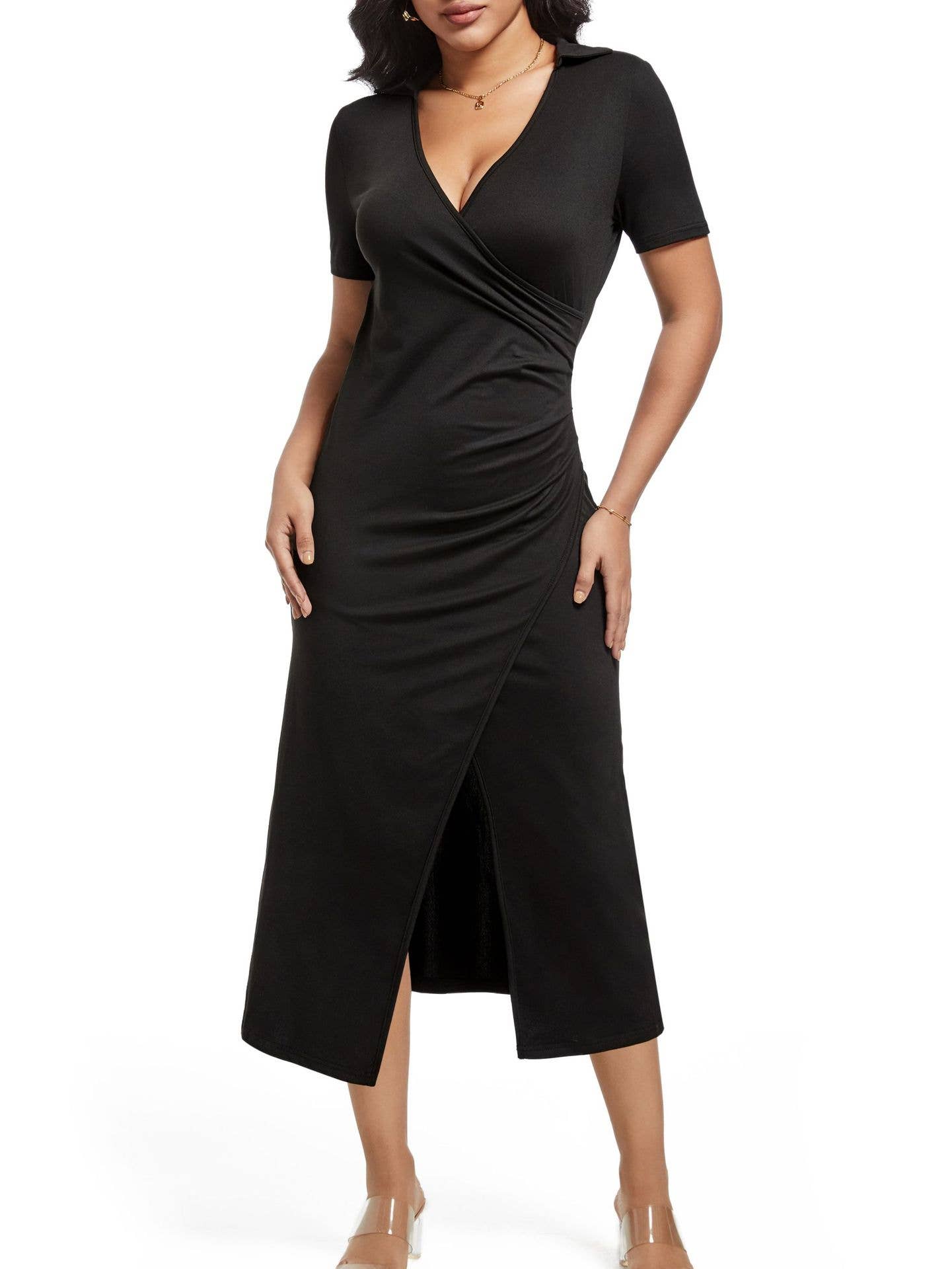 POLO COLLAR CROSS PLEATED SLIT KNITTED LONG DRESS