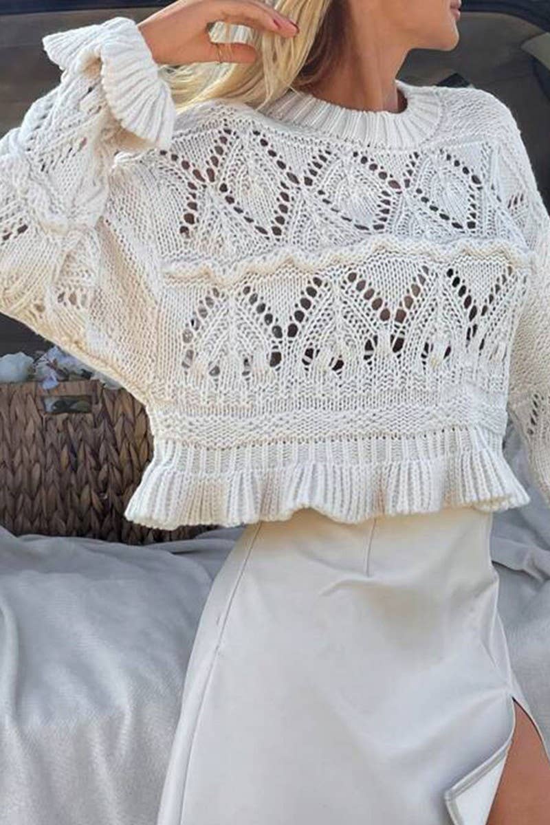 CWOSWL07627_CROCHET LONG SLEEVE ROUND NECK CROP SWEATER