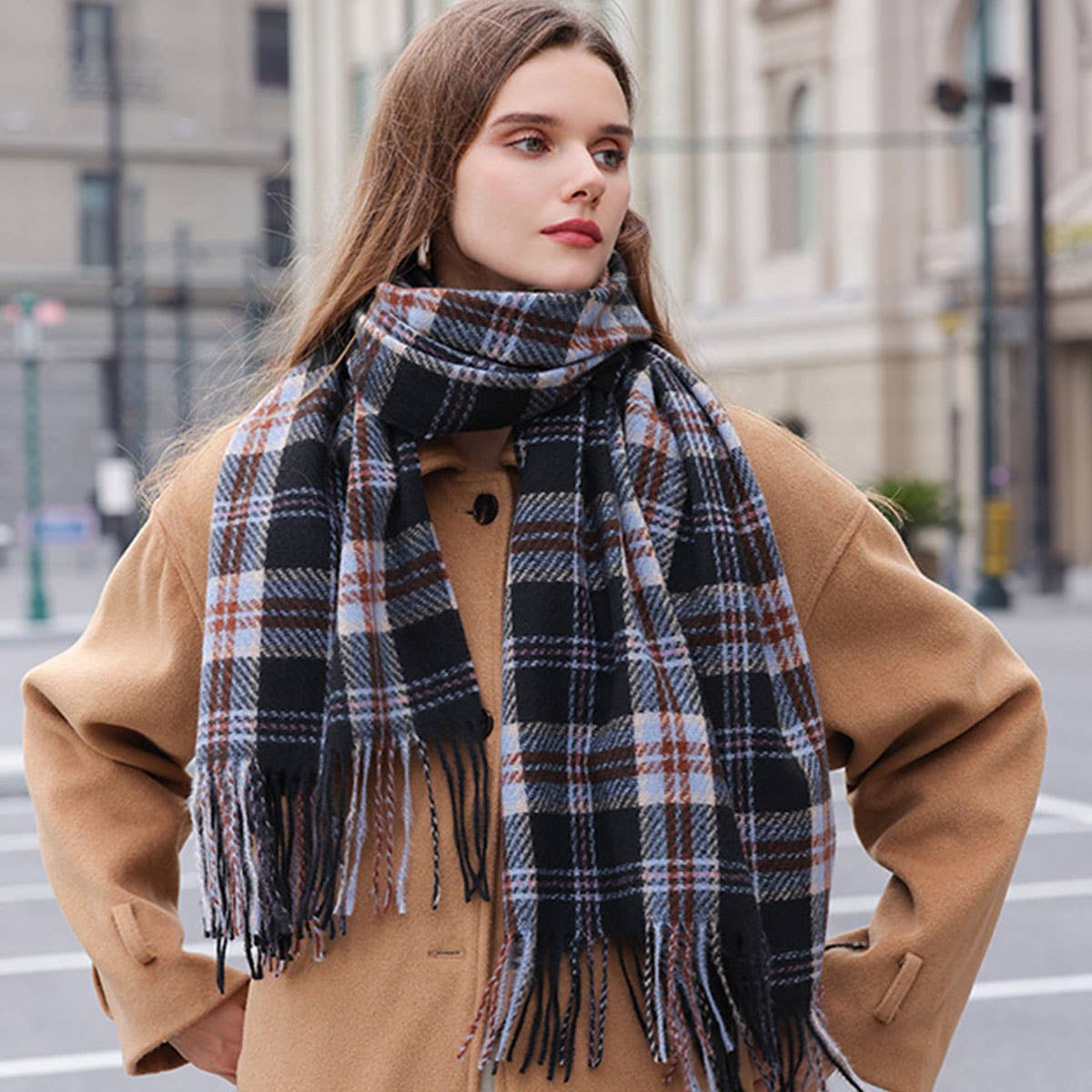 Plaid Winter Scarf for Women ??Soft Tassel Shawl_CWASC0224