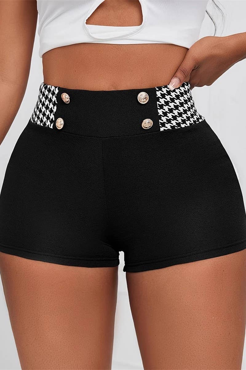 CWBSP0496_FASHION HOUNDSTOOTH SLIM HIGH WAIST STRETCH SHORTS
