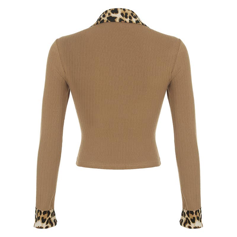 VINTAGE PATCHWORK LEOPARD POLO-NECK KNIT T-SHIRT
