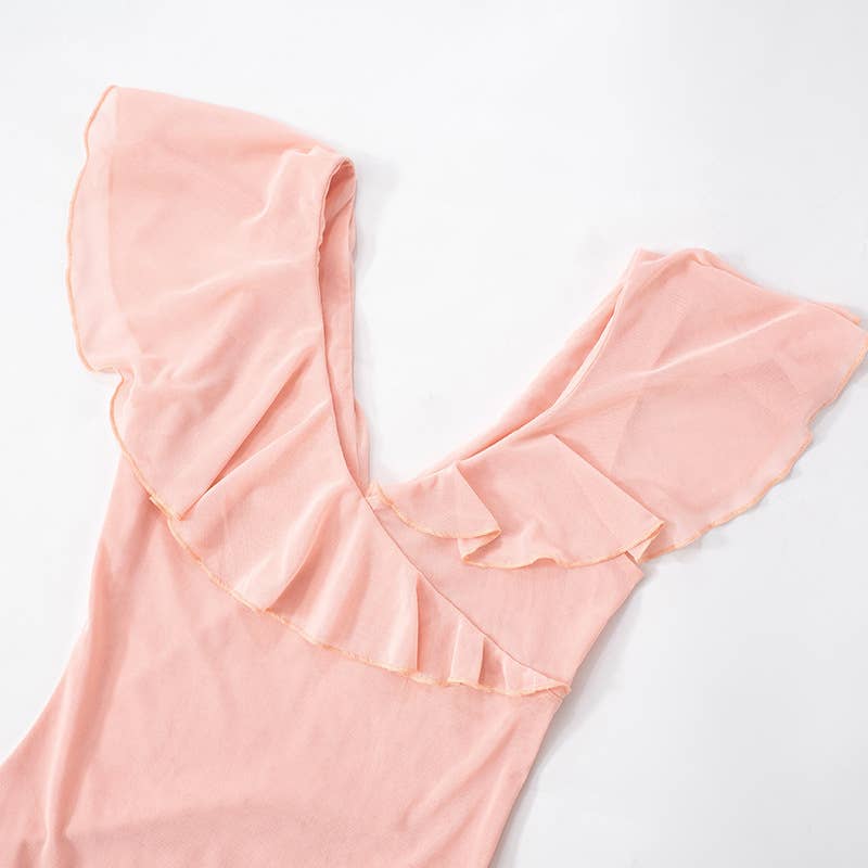 Ruffled V-Neck Mesh Backless Midi Dress