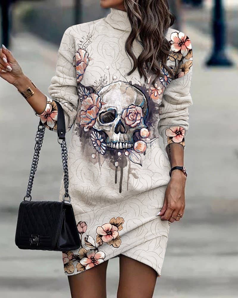 PRINTED SHORT DRESS WITH LONG SLEEVES HIGH NECK