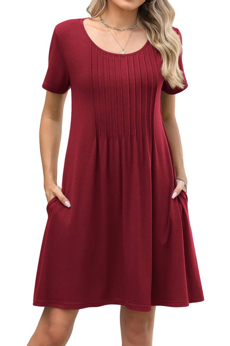 CWDSD10547_SUMMER SOLID COLOR ROUND NECK LOOSE POCKET DRESS