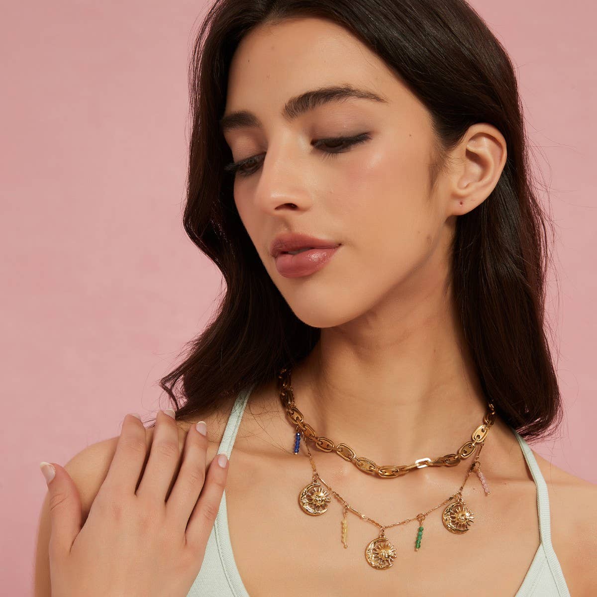 Sunflower Stone Pendant Necklace Stainless Steel