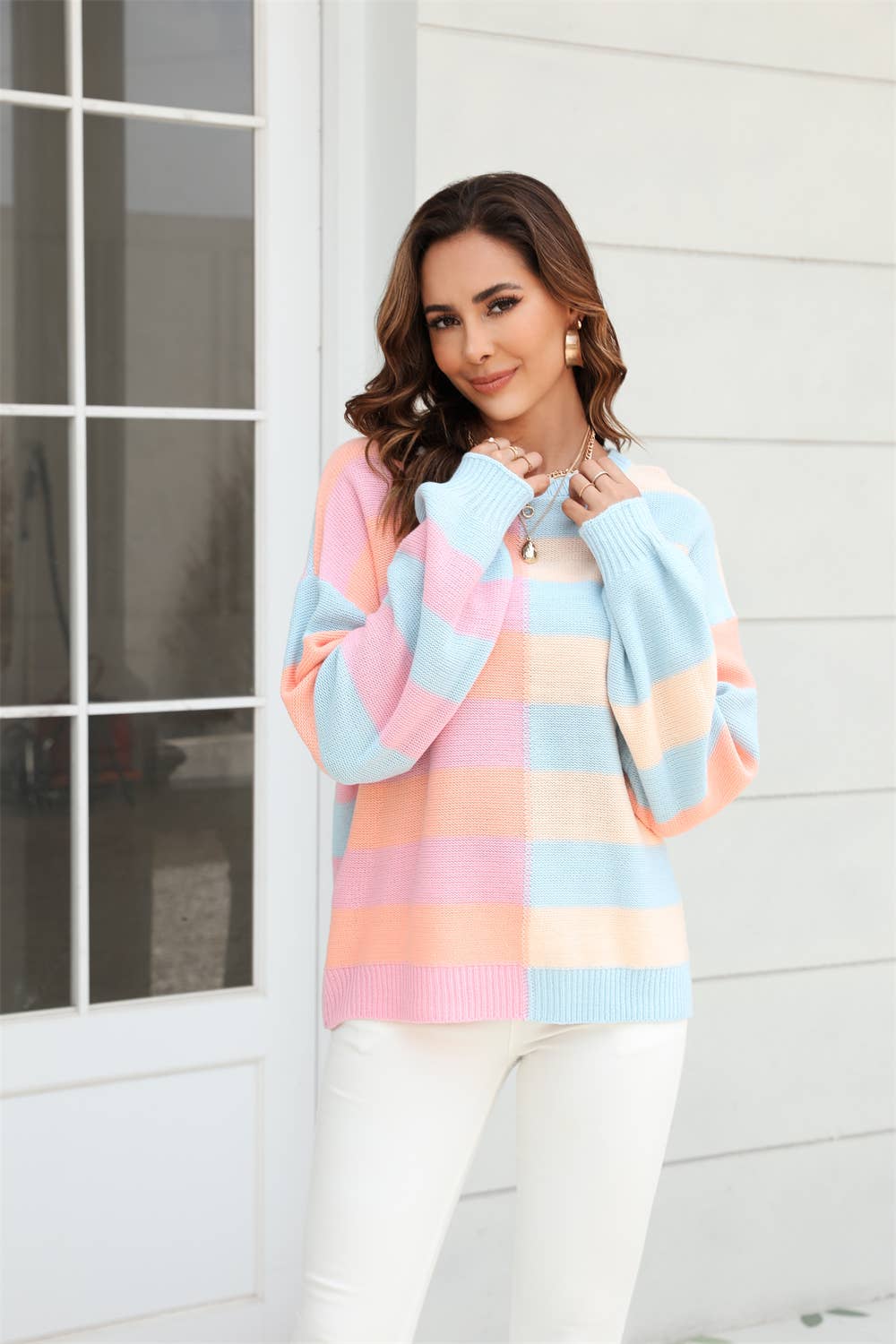STRIPED CONTRA COLOR CREW NECK SWEATER PULLOVER