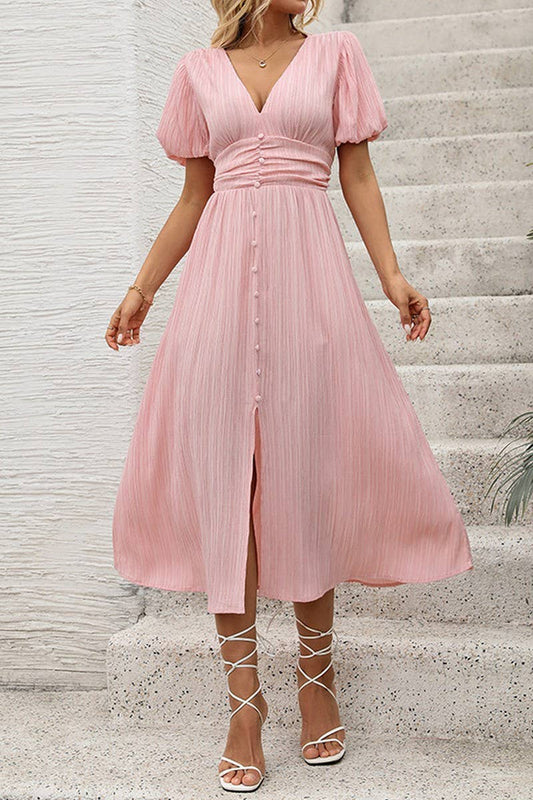 CWDMD5323_SOLID TEXTURED V-NECK DRESS WITH FRONT SLIT