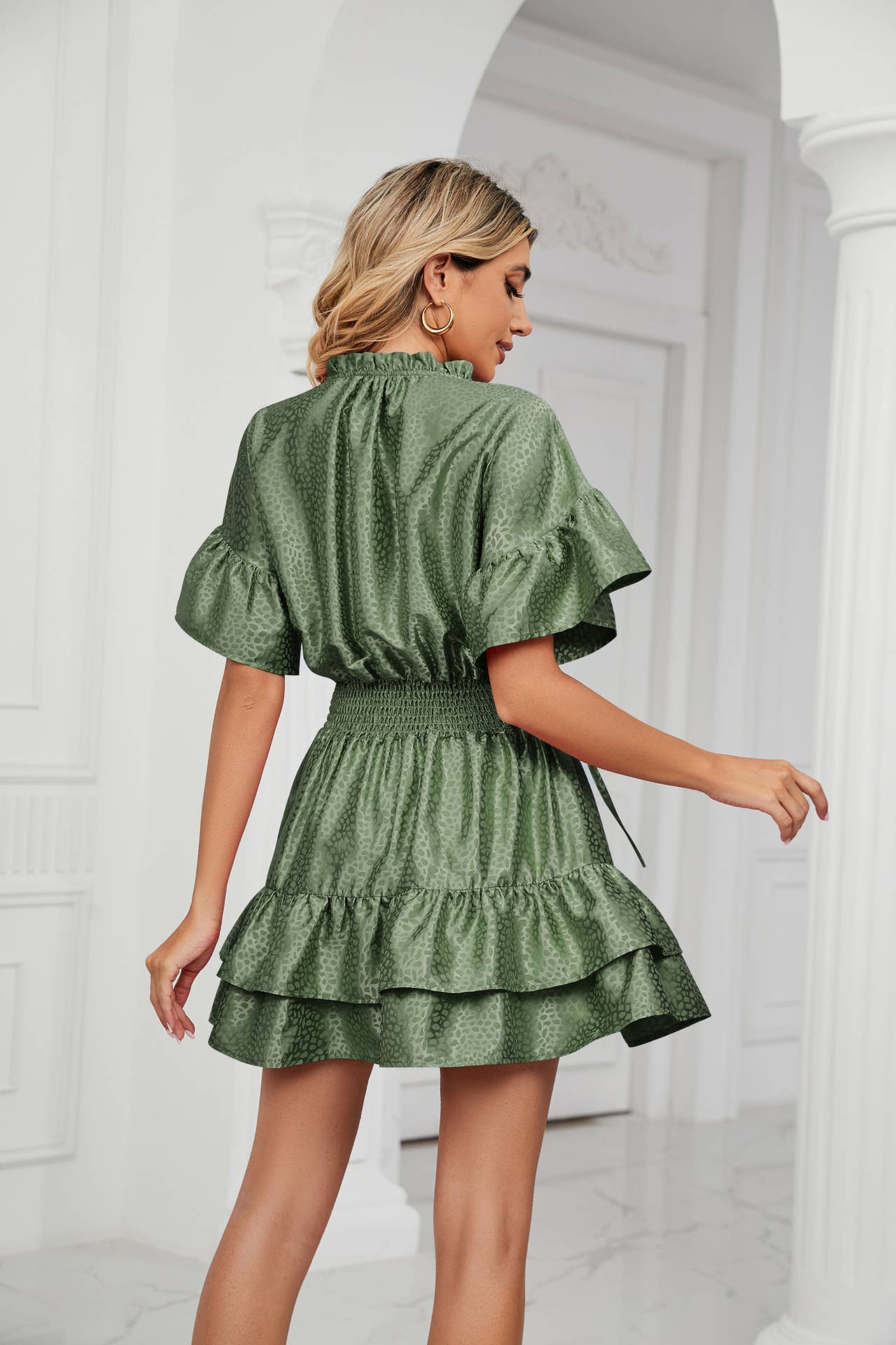 SATIN WAISTLINE V-NECK RUFFLED SKIRT DRESS