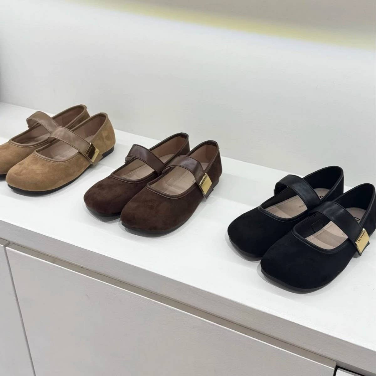 Flat Suede Mary Janes with Metal Buckle